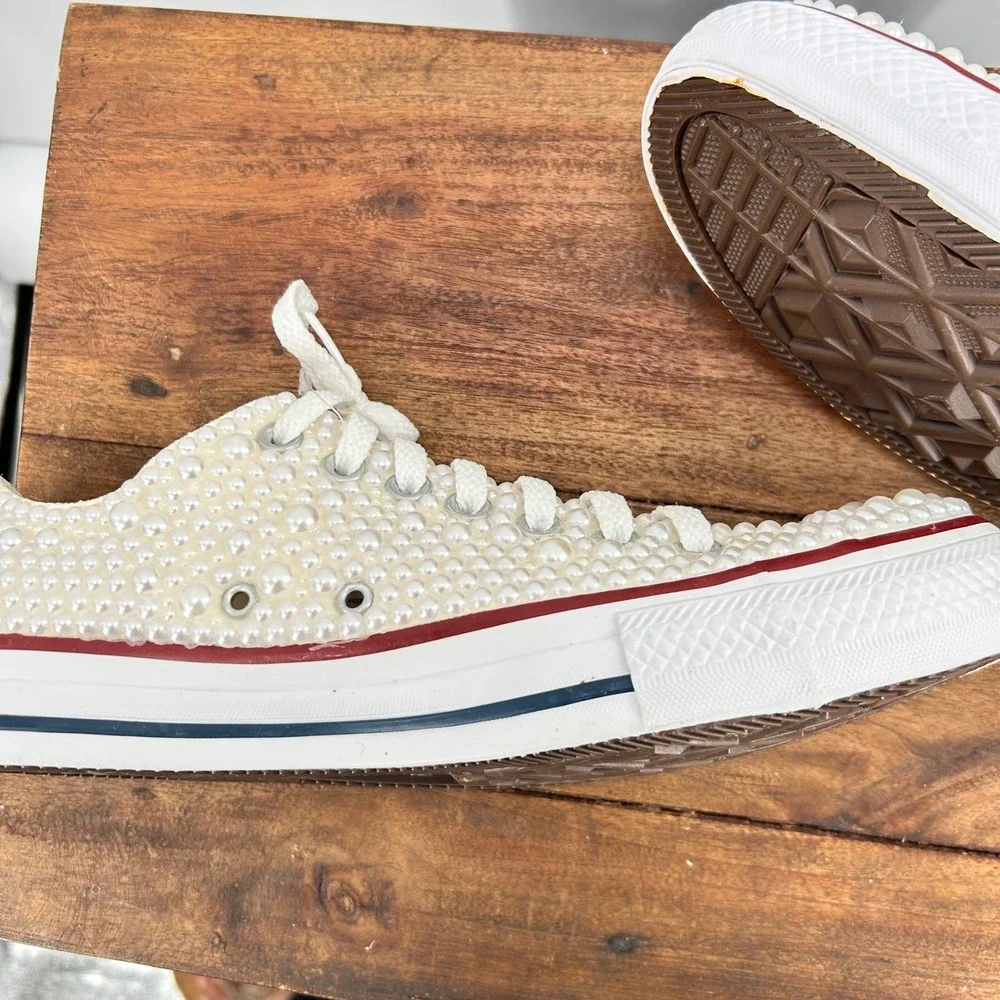 Converse All Star Pearl Embellished Low  Sneakers Ivory Bridal‎ Shoes Womens 8.5